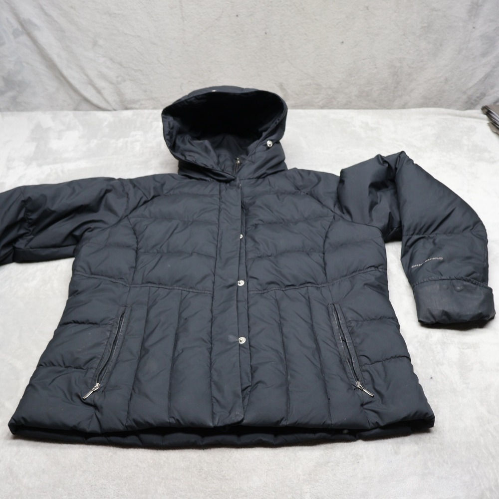 Columbia Down Jacket Womens Large Black Hooded Insulated Quilted Puffer READ